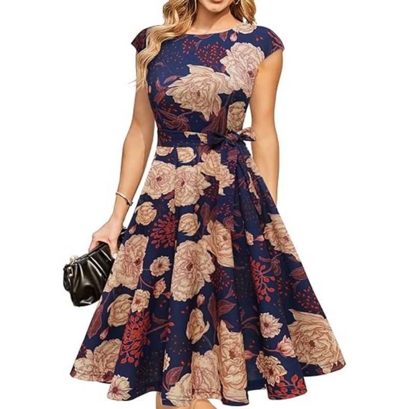 DRESSTELLS Modest Vintage Tea Length Cocktail Dress – Formal Wedding Guest & Party
